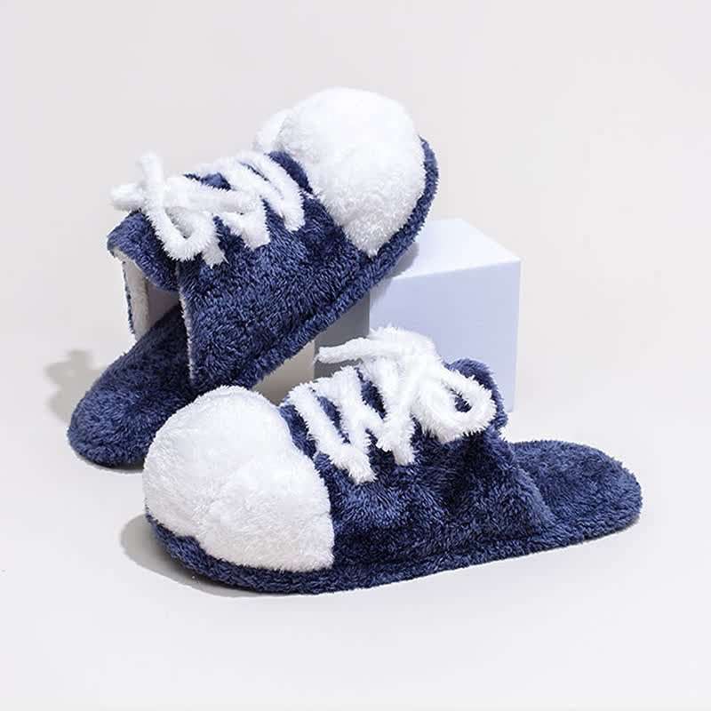 Cat Paw Lace-Up Closed-Toe Plush Slippers - Blue - L - image 6