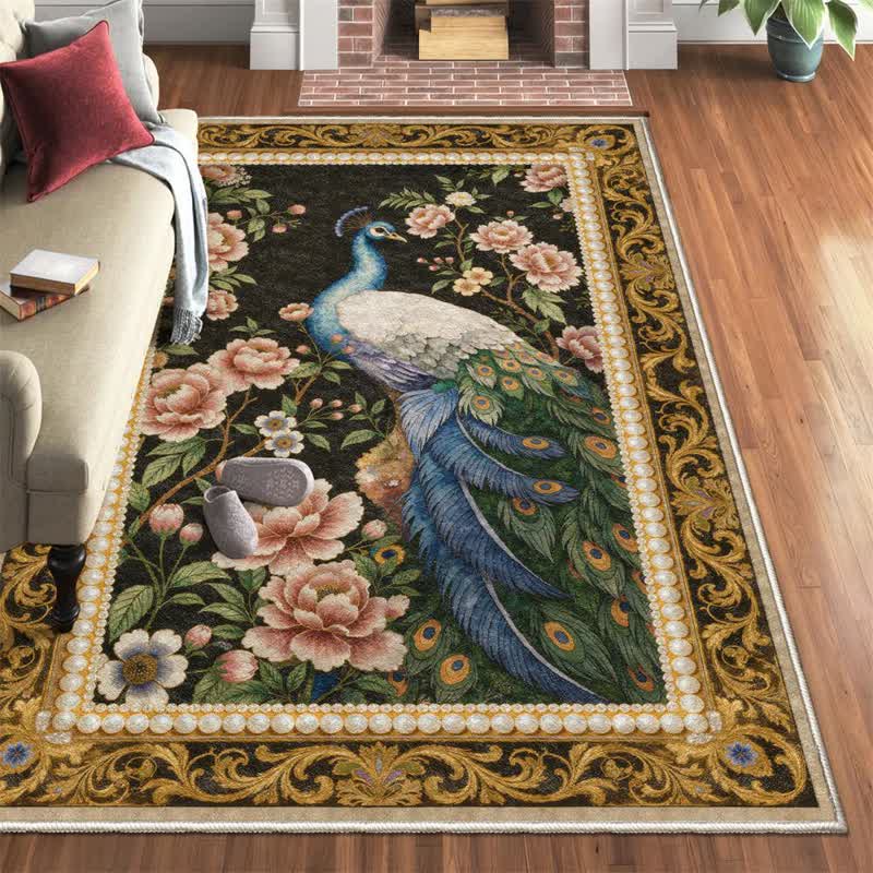 Elegant Peacock Floral Non-slip Area Rug - Black & Yellow - 95" x 119" - image 0