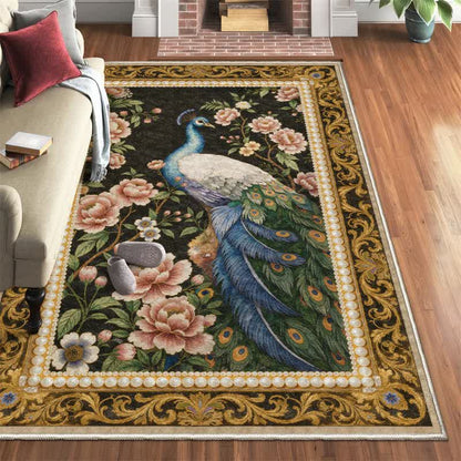 Elegant Peacock Floral Non-slip Area Rug - Black & Yellow - 95" x 119" - image 0