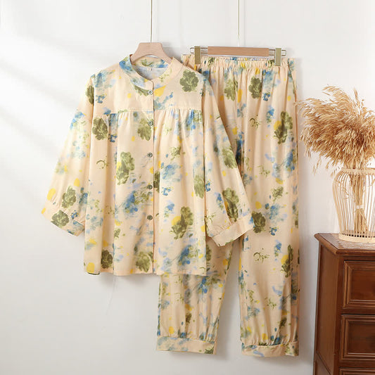Oriental Ink Floral Cotton Loungewear Set - Beige - XL - image 0