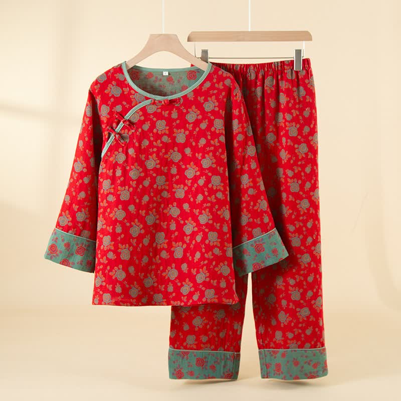 Oriental Vintage Rose Cotton Loungewear Set - Red - XXL - image 0