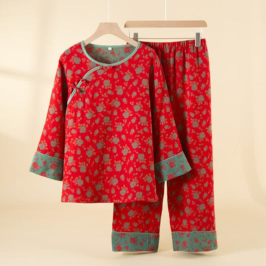 Oriental Vintage Rose Cotton Loungewear Set - Red - XXL - image 0
