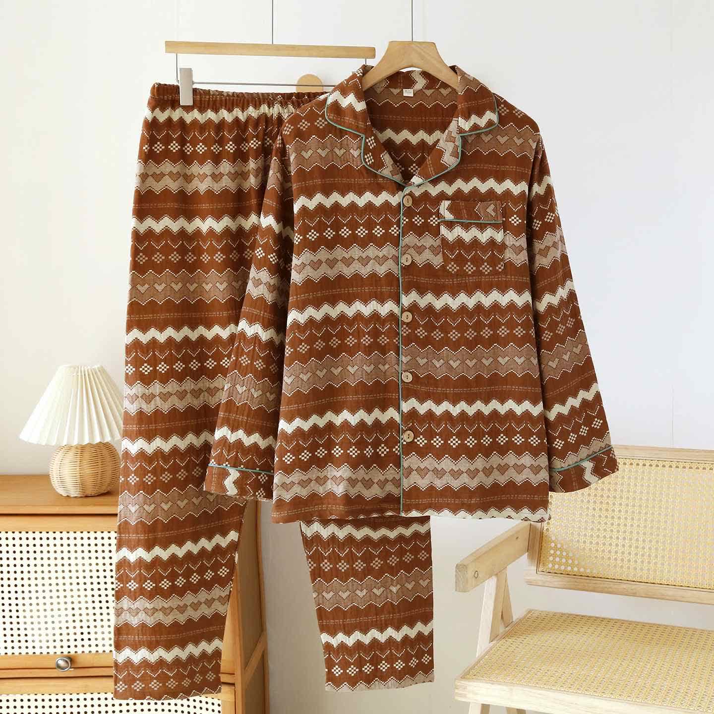 Vintage Wave Cotton Couple Loungewear Set - Men: Brown - XL - image 14