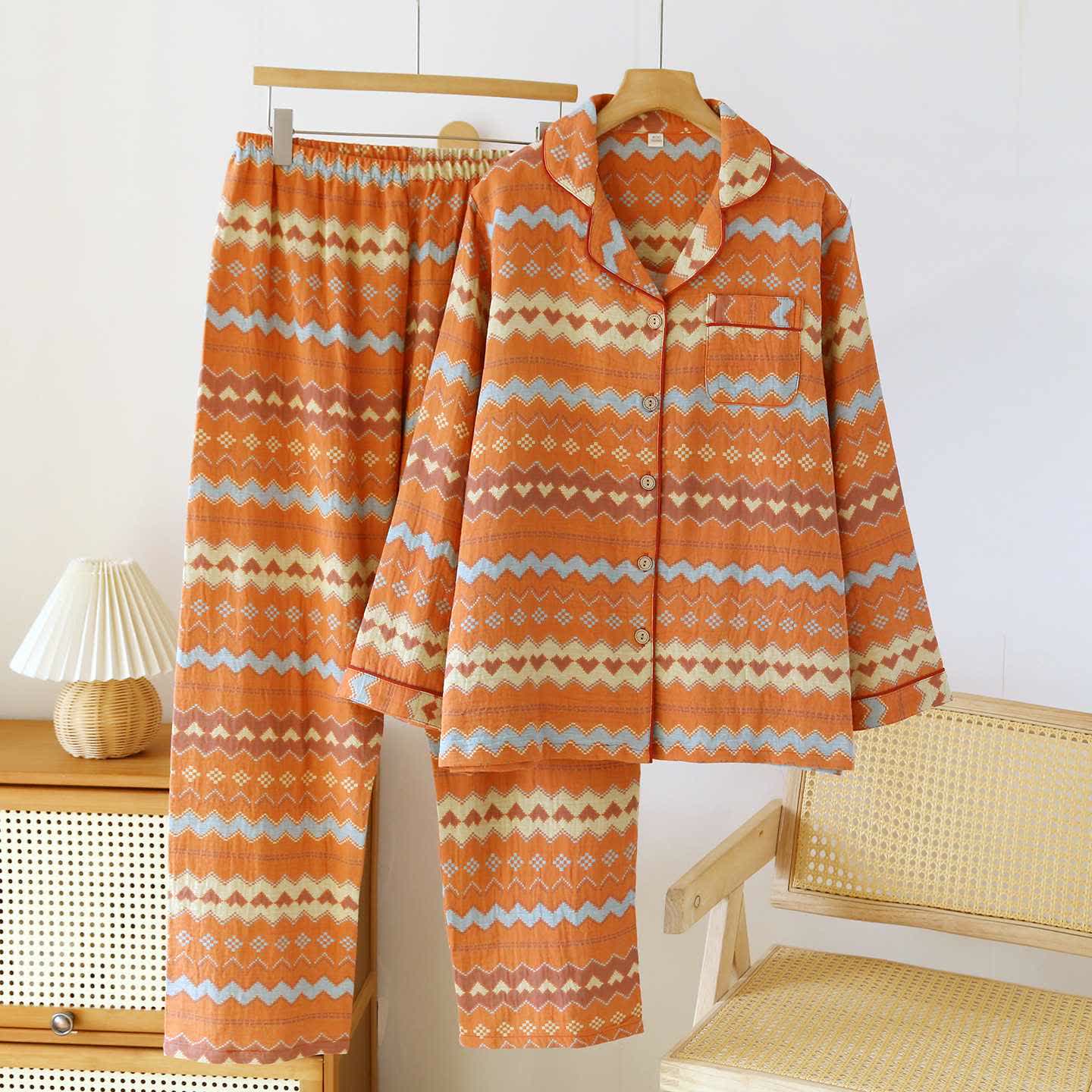 Vintage Wave Cotton Couple Loungewear Set - Women: Orange - XXL - image 2