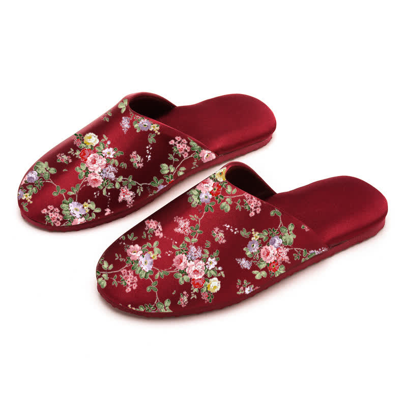 Retro Peony Print House Slippers - Red - L - image 7