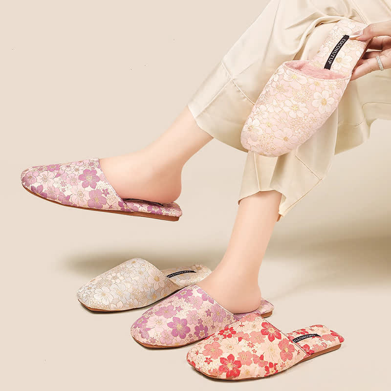 Oriental Peach Blossom Jacquard Plush Slippers - image 0