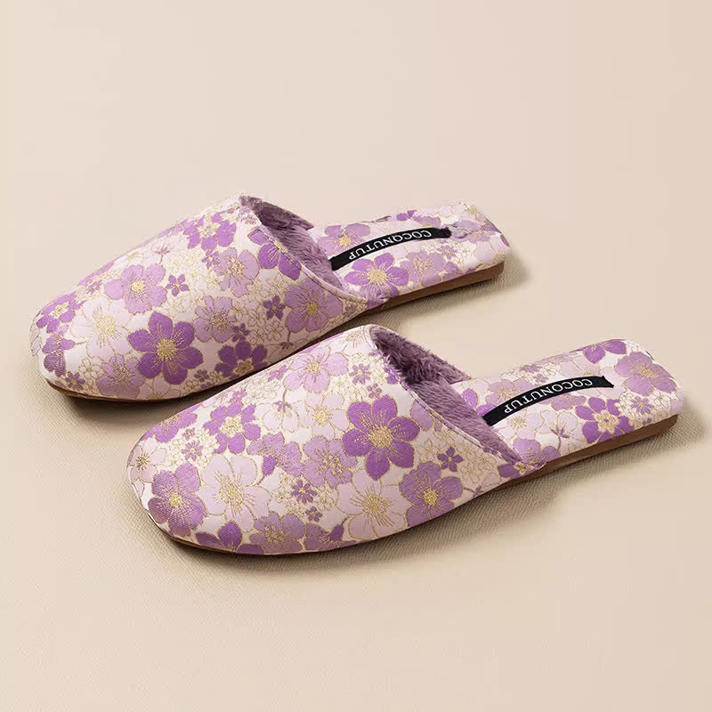 Oriental Peach Blossom Jacquard Plush Slippers - Purple - L - image 2
