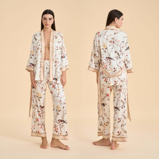 Vintage Floral Bird Kimono Loungewear Set - Beige - XL - image 0