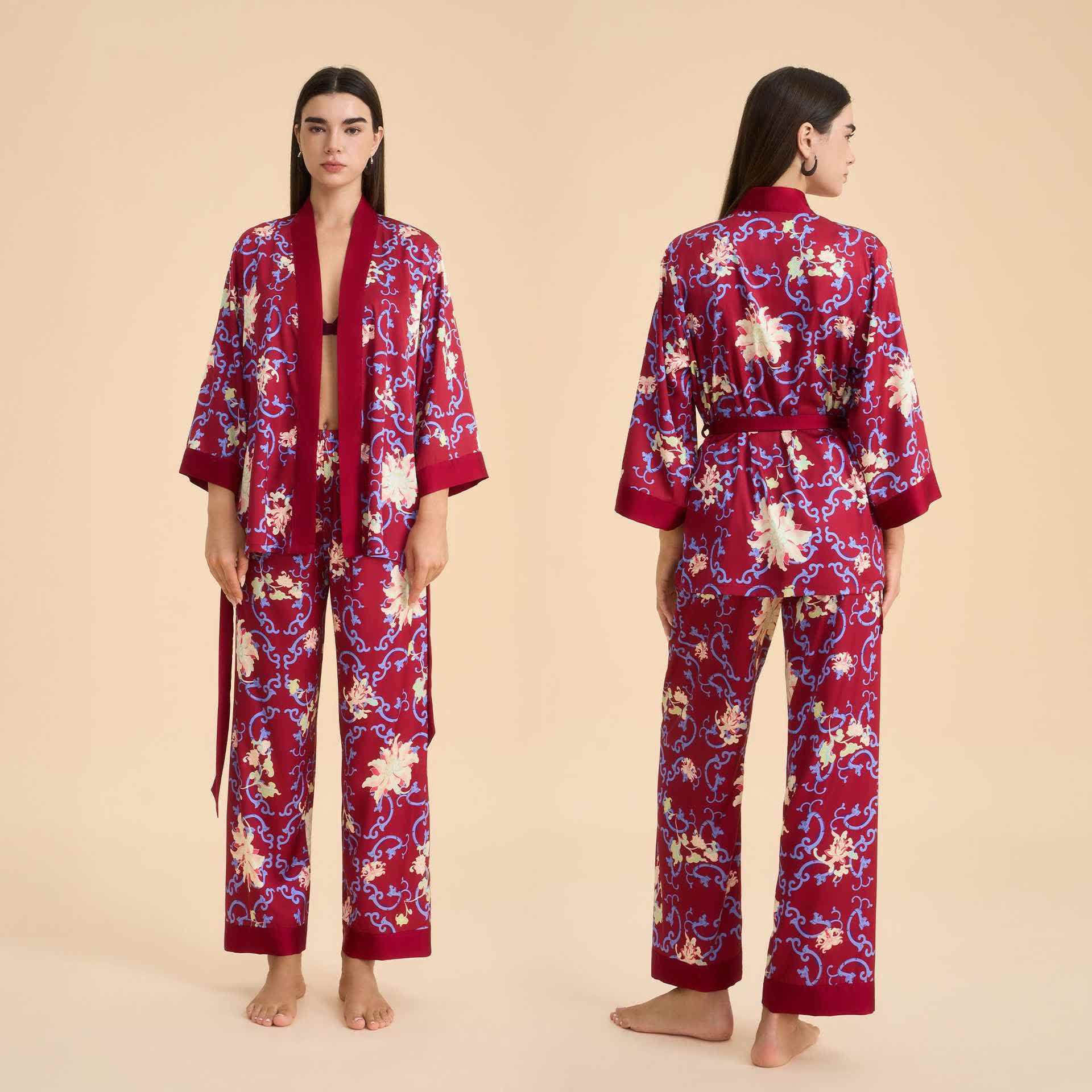 Retro Floral Kimono Style Loungewear Set - Red - XL - image 0