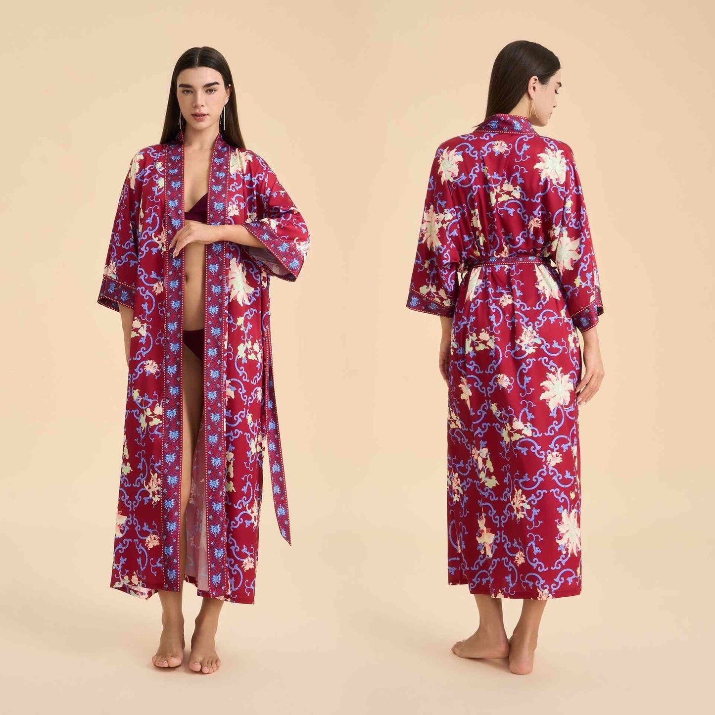 Blossom Burst  Retro Floral Kimono Style Bathrobe - Red - One Size - image 1