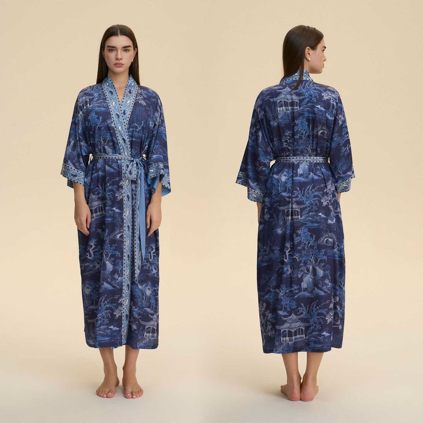 Oriental Landscape Kimono Style Bathrobe - Blue - One Size - image 0