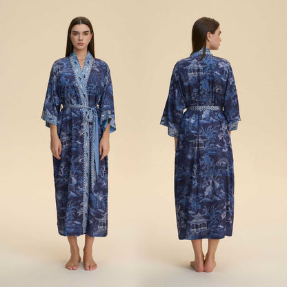 Oriental Landscape Kimono Style Bathrobe - Blue - One Size - image 0