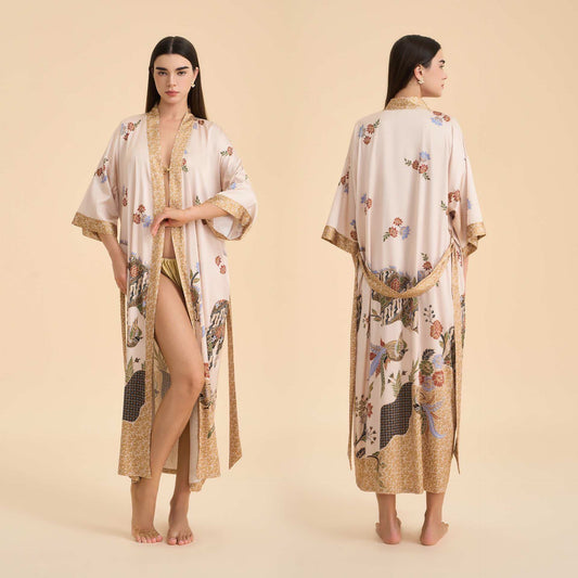 Sunshine Serenity Oriental Floral Bird Kimono Style Bathrobe - Beige - One Size - image 0