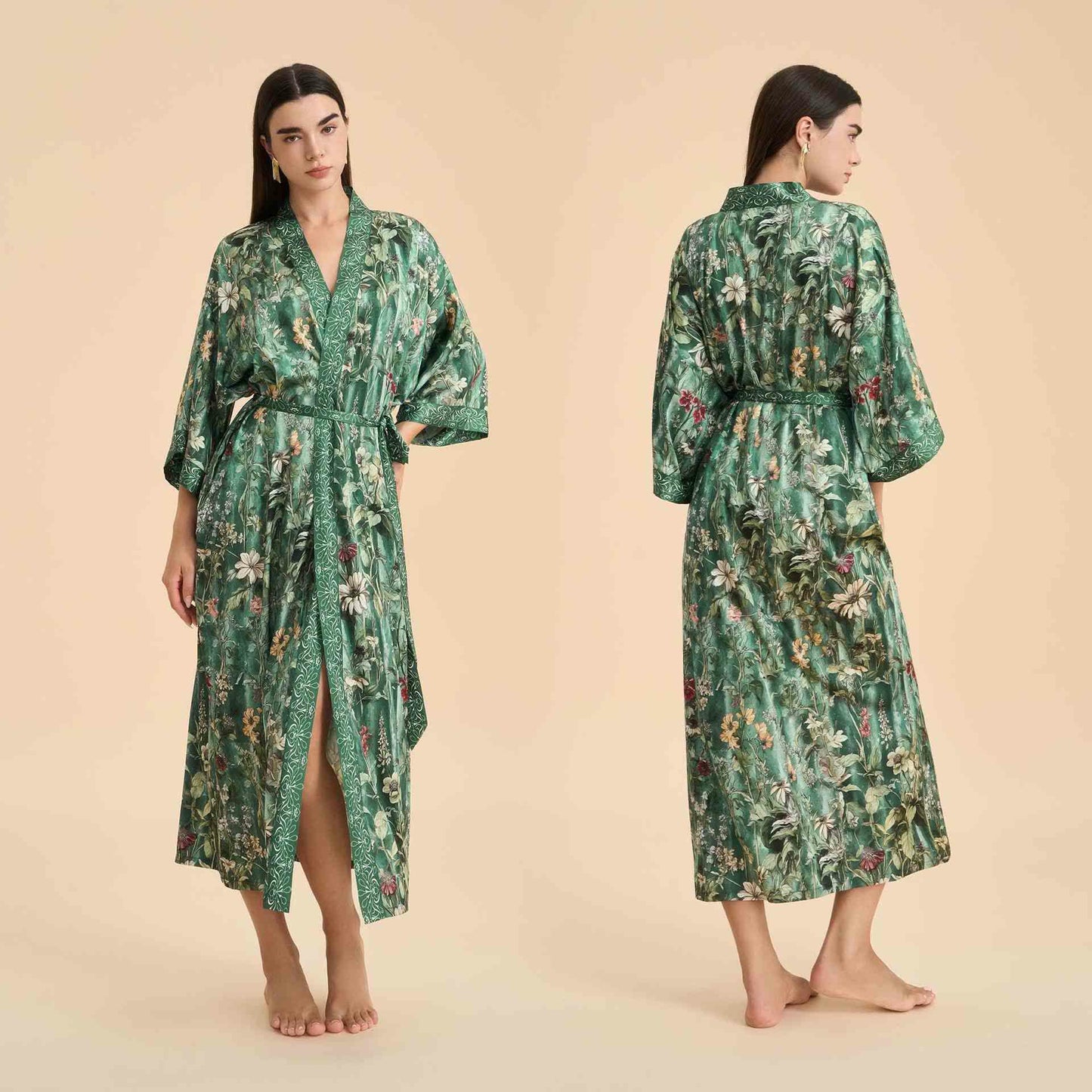 Green Botanical Floral Kimono Style Bathrobe - Green - One Size - image 0