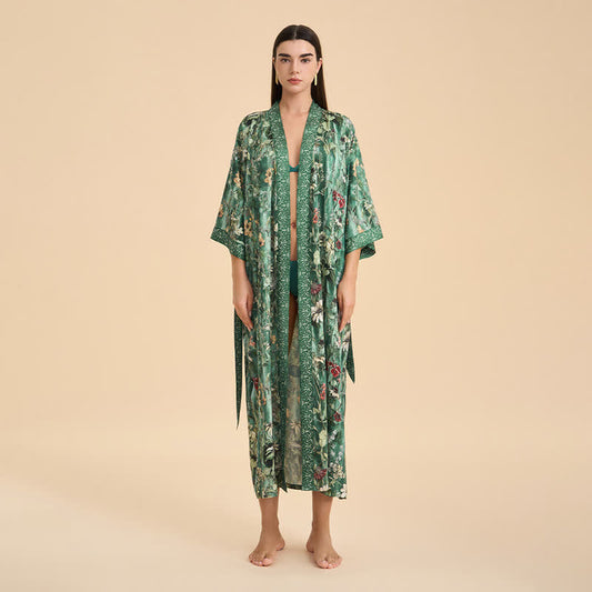 Green Botanical Floral Kimono Style Bathrobe - image 1