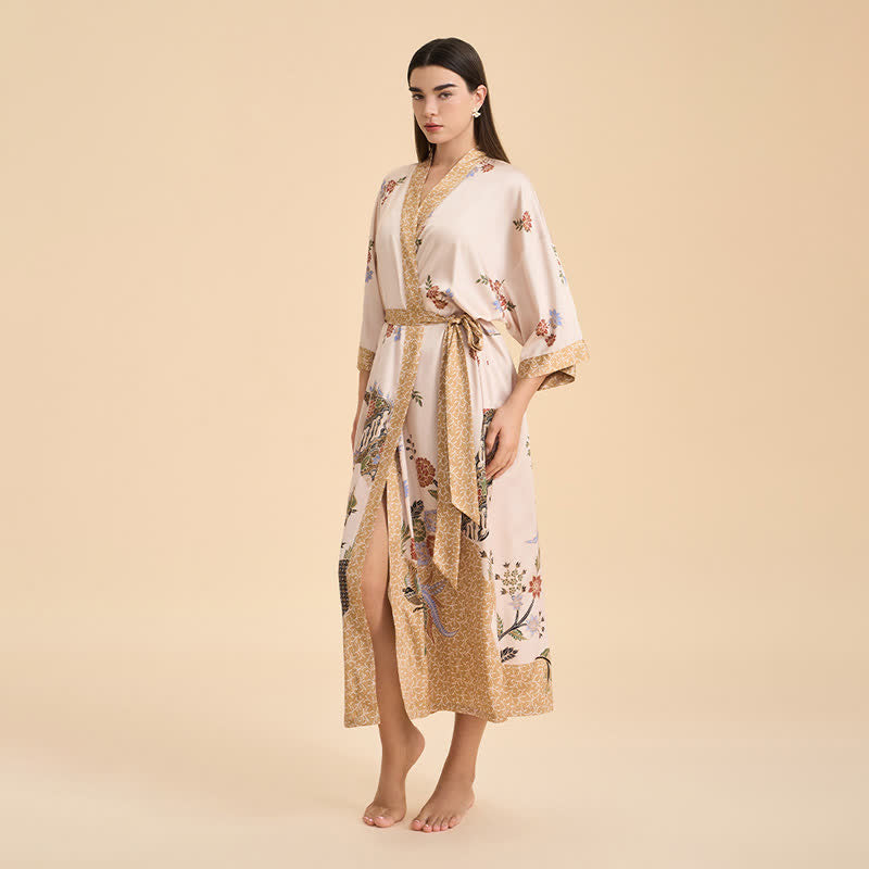 Sunshine Serenity Oriental Floral Bird Kimono Style Bathrobe - image 4
