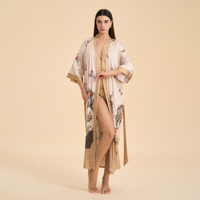 Sunshine Serenity Oriental Floral Bird Kimono Style Bathrobe - image 3