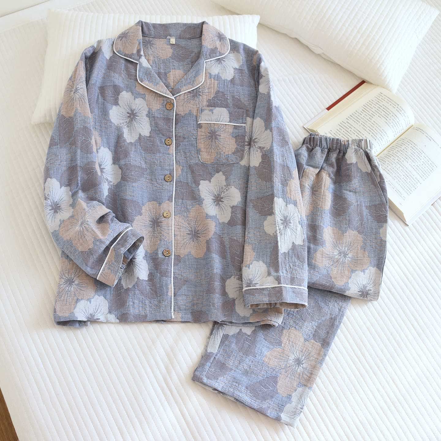 Cotton Cherry Blossom Jacquard Loungewear Set - Gray - XL - image 12