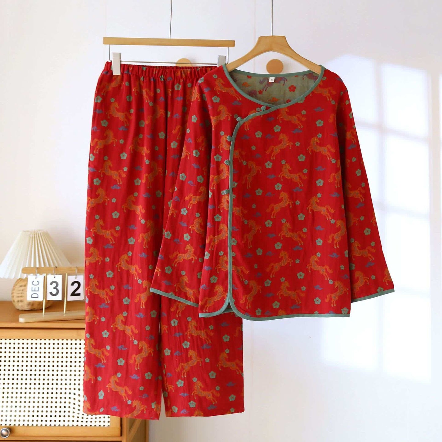 Horse Floral Cotton Gauze Loungewear Set - Red - XXL - image 0