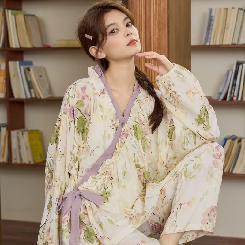 Ruffled Neck Elegant Floral Loungewear Set - image 2
