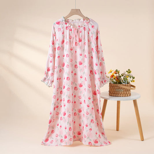 Romantic Pink  Rose Cotton Gauze Nightgown - Pink - XL - image 0