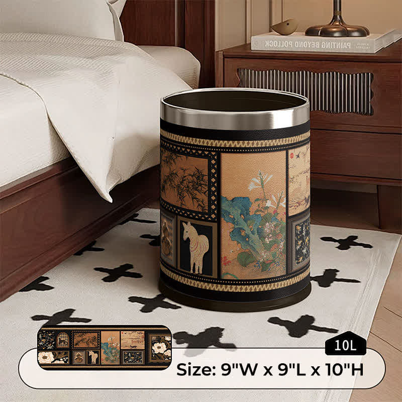 Vintage Double-layer Artistic Leather Trash Can - Silver Circle - 9"W x 9"L x 10"H - image 2