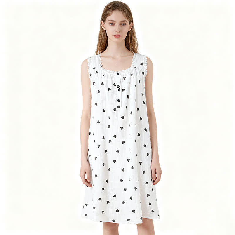 Heart Print Pure Cotton Sleeveless Nightdress - White - XL - image 0