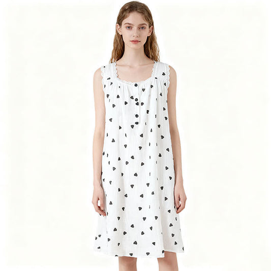 Heart Print Pure Cotton Sleeveless Nightdress - White - XL - image 0