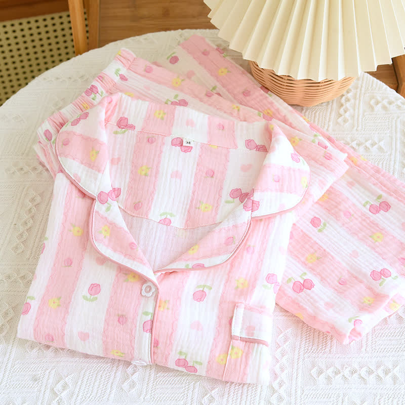 Striped Rose Cotton Loungewear Set - image 1