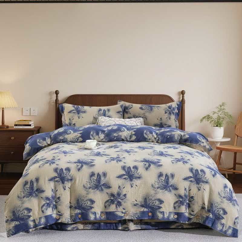 Oriental Ink Style Floral Cotton Bedding Set(4PCS) - Blue - King - image 7