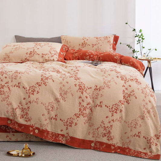 Country Leaf Cotton Gauze Bedding Set(4PCS) - Apricot & Orange - King - image 0