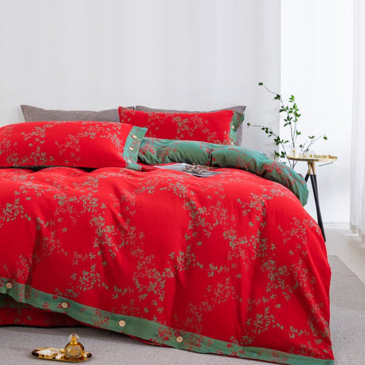 Country Leaf Cotton Gauze Bedding Set(4PCS) - Red & Green - King - image 0