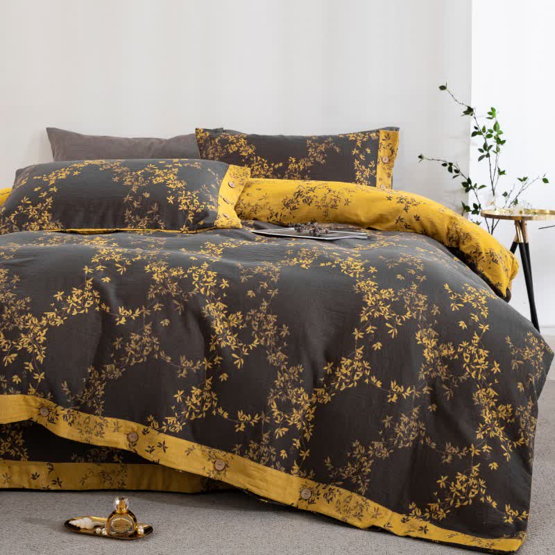 Country Leaf Cotton Gauze Bedding Set(4PCS) - Dark Gray & Yellow - King - image 13