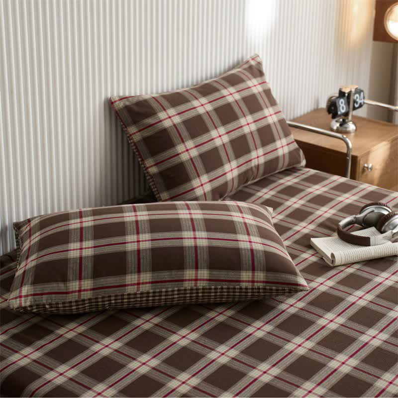Classic Big Plaid Cotton Sheet Bedspread - Coffee - 2PCS Pillowcases - 19" x 29" - image 7