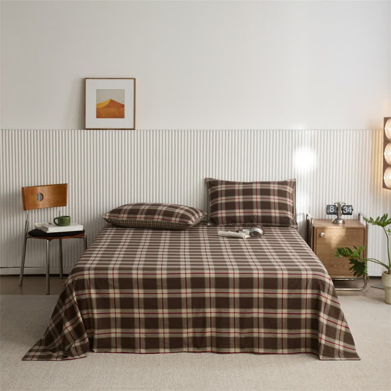 Classic Big Plaid Cotton Sheet Bedspread - Coffee - Bedspread with 2PCS Pillowcases - King - image 6