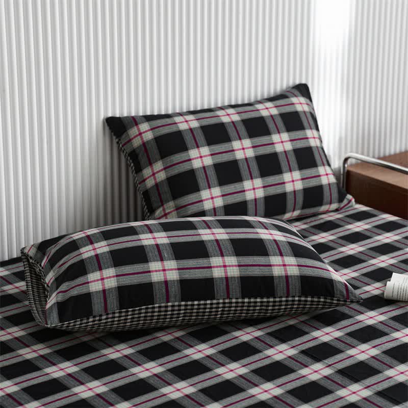 Classic Big Plaid Cotton Sheet Bedspread - Black - 2PCS Pillowcases - 19" x 29" - image 3