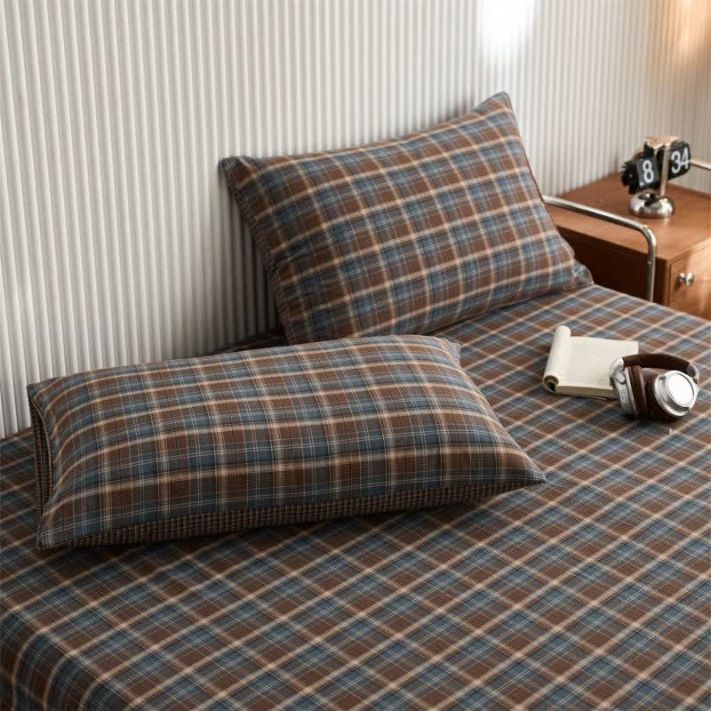 Classic Vintage Plaid Cotton Sheet Bedspread - Blue - 2PCS Pillowcases - 19" x 29" - image 1