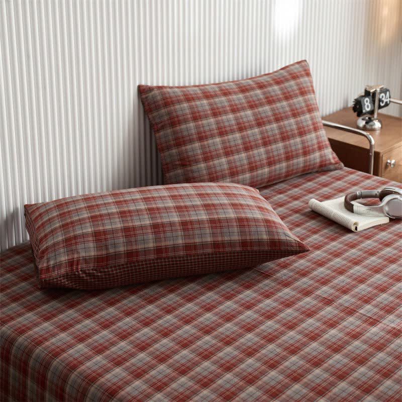 Classic Vintage Plaid Cotton Sheet Bedspread - Red - 2PCS Pillowcases - 19" x 29" - image 5