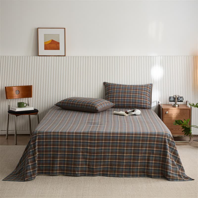 Classic Vintage Plaid Cotton Sheet Bedspread - Blue - Bedspread with 2PCS Pillowcases - King - image 0