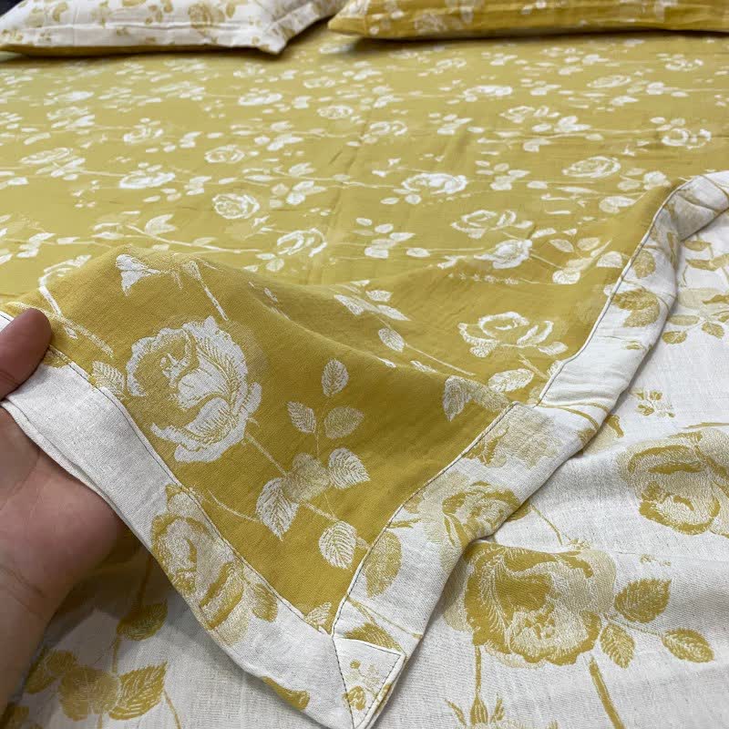 Yellow Rose Cotton Reversible Sheet Bedspread - Bedspread with 2PCS Pillowcases - King - image 0