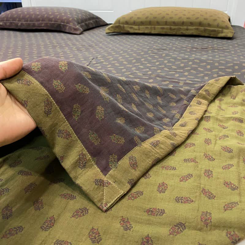 Retro Floral Cotton Reversible Sheet Bedspread - Dark Purple & Green - Bedspread with 2PCS Pillowcases - King - image 6