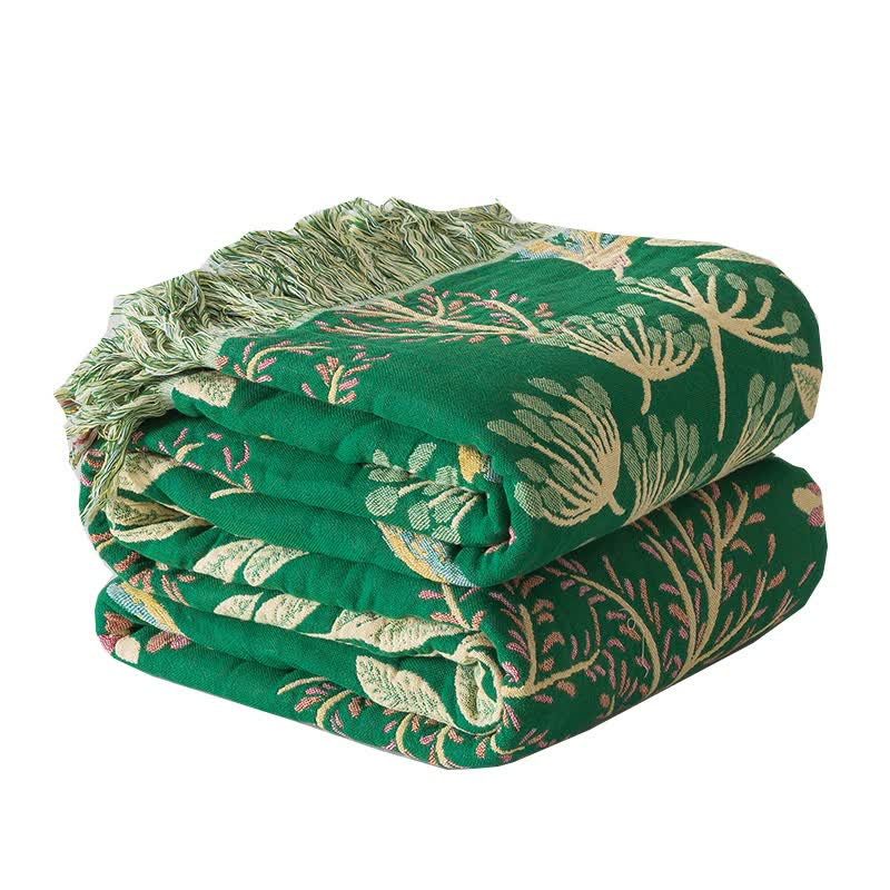 Botanical Green Leaf Cotton Tassel Blanket - image 1