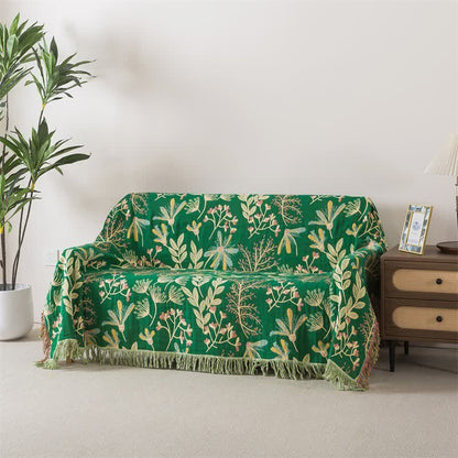 Botanical Green Leaf Cotton Tassel Blanket - 90"W x 98"L - image 0