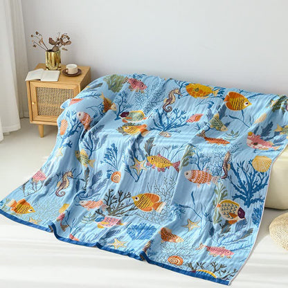 Ocean-Themed Reversible Cotton Gauze Blanket - 90"W x 98"L - image 0