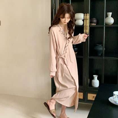 Relaxed Kimono Style Long SLeeve Nightgown - Apricot - L - image 0