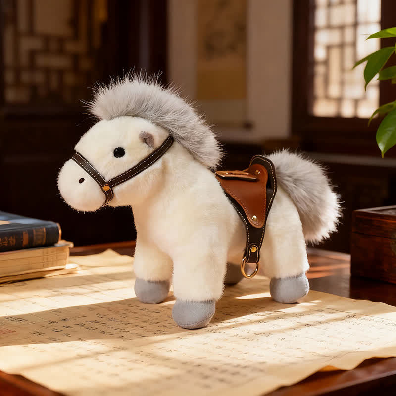 Realistic Stuffed Pony with Faux Leather Saddle - White - 2PCS - 12"H - image 5