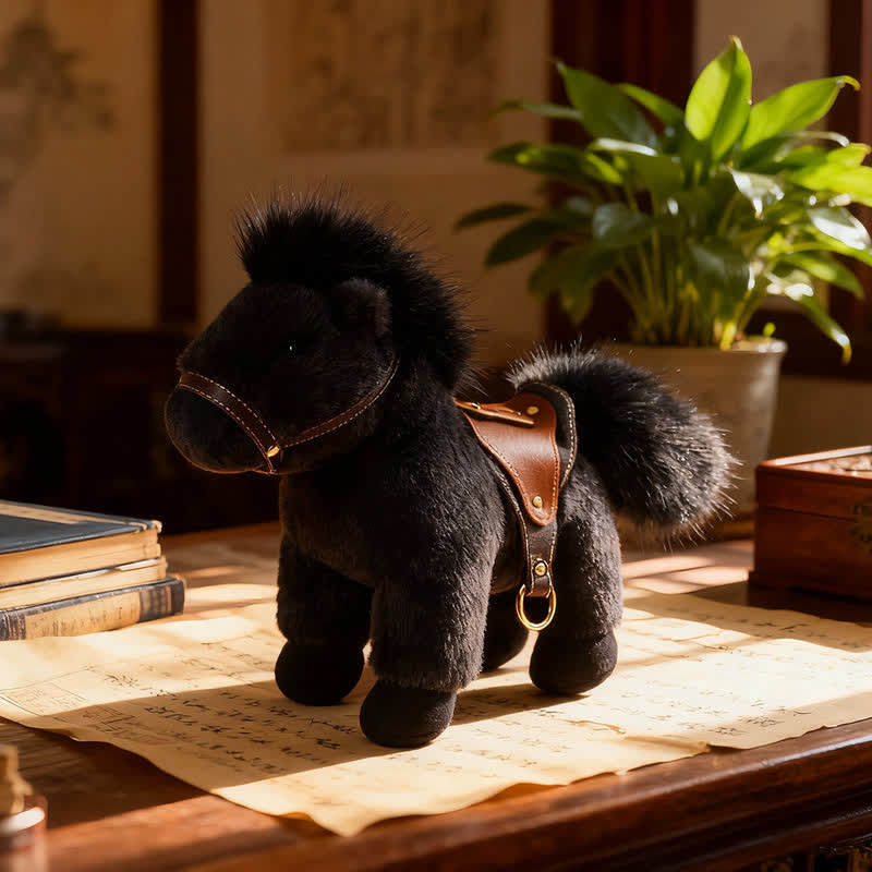 Realistic Stuffed Pony with Faux Leather Saddle - Black - 2PCS - 12"H - image 9