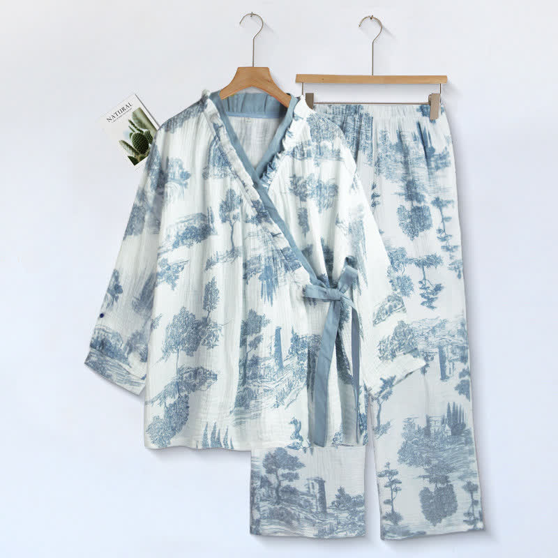 Ruffled Neck Landscape Loungewear Set - White - XL - image 0