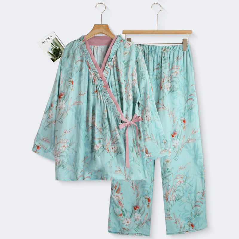 Ruffled Neck Oriental Floral Cotton Loungewear - Cyan - XL - image 0