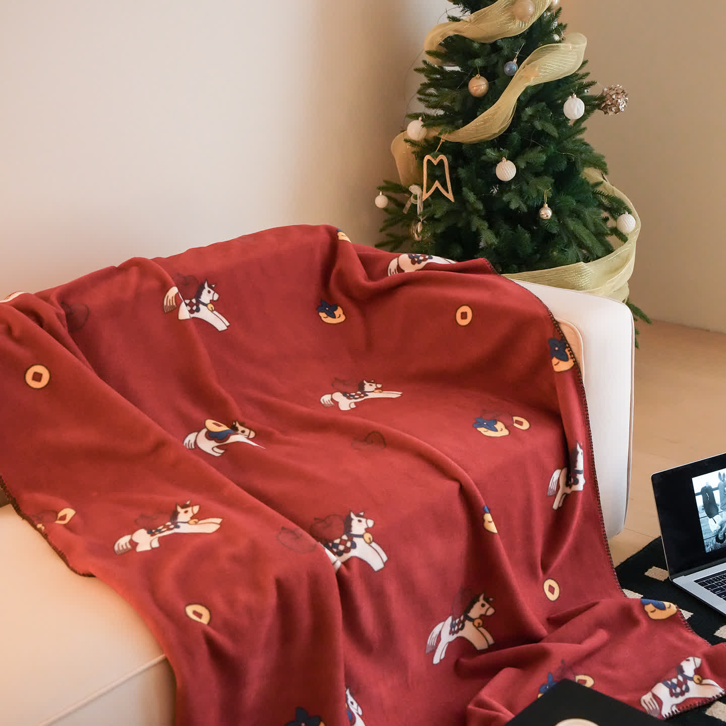 Faux Wool Trojan Horse Reversible Throw Blanket - 79"W x 90"L - image 0